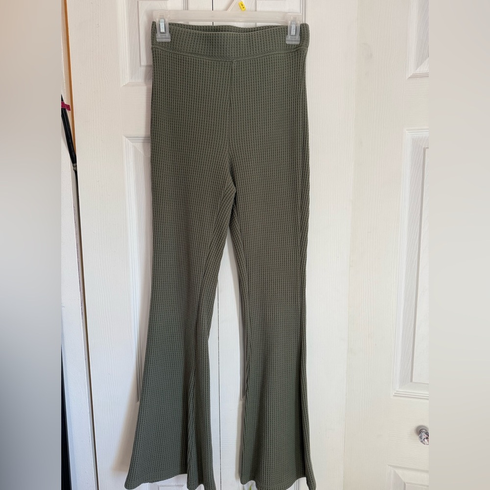 Aerie Olive High Waist Waffle Knit Flare Pants